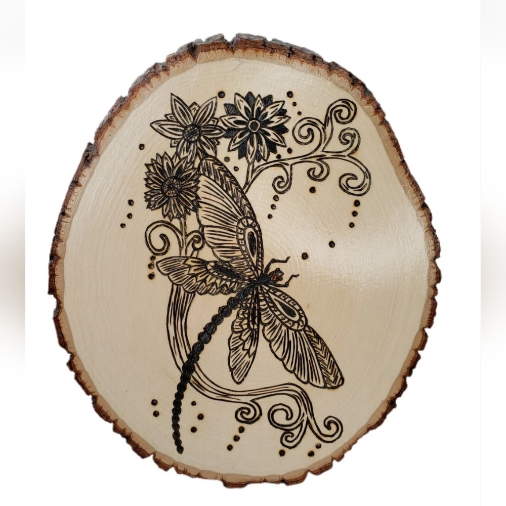 Dragonfly Flowers & Foliage Pyrography On a Slice Of Wood 11.5 x 1.75 x 9.75